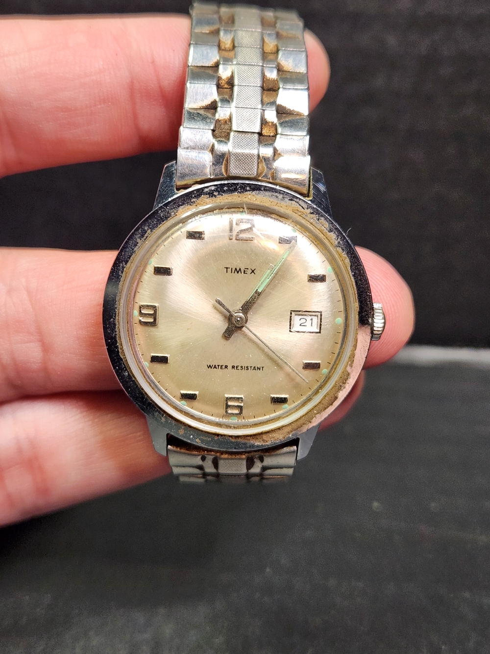 Timex Men's Silver and Gold Radium Dial 1970s Watch